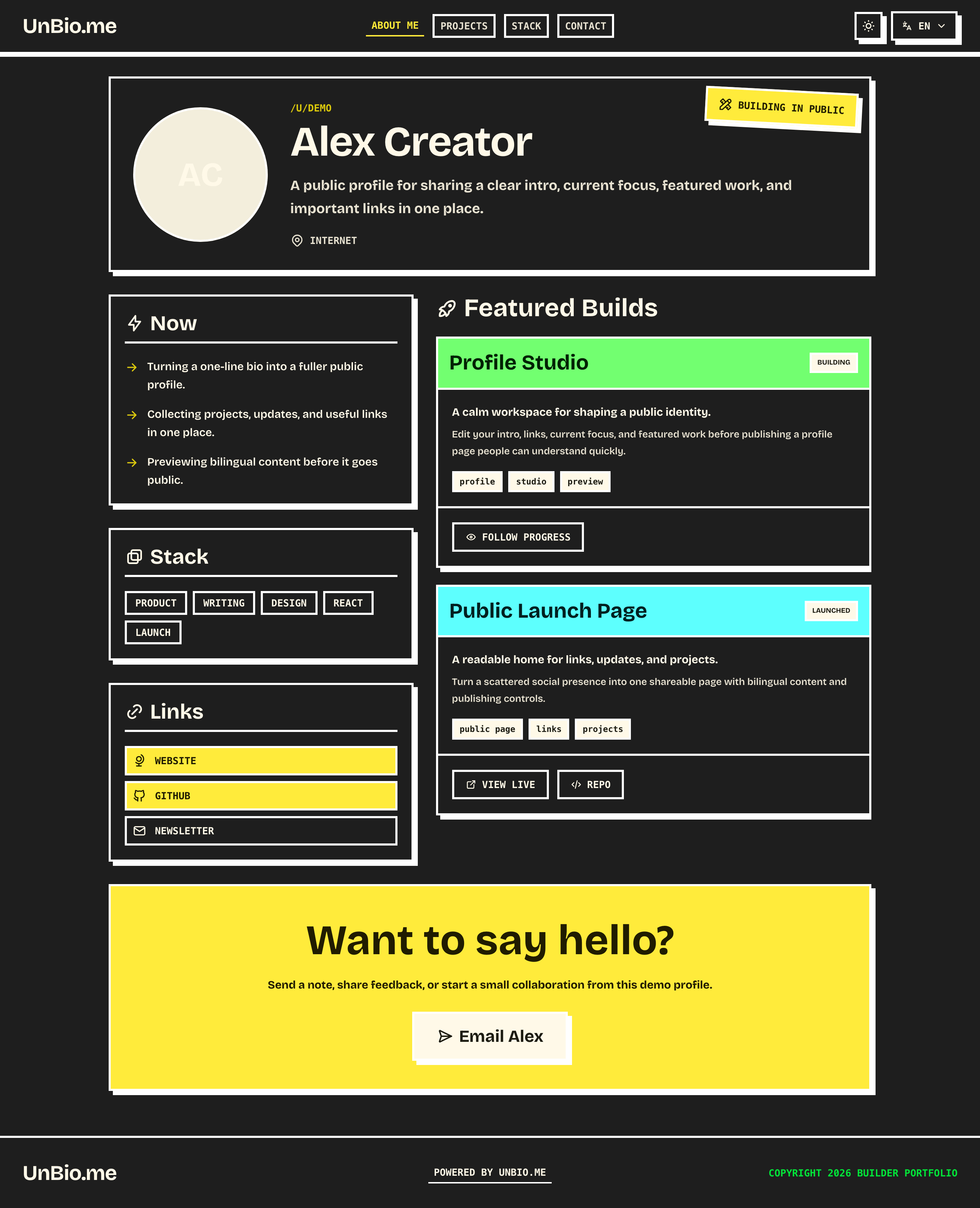 UnBio.me public profile preview in dark mode