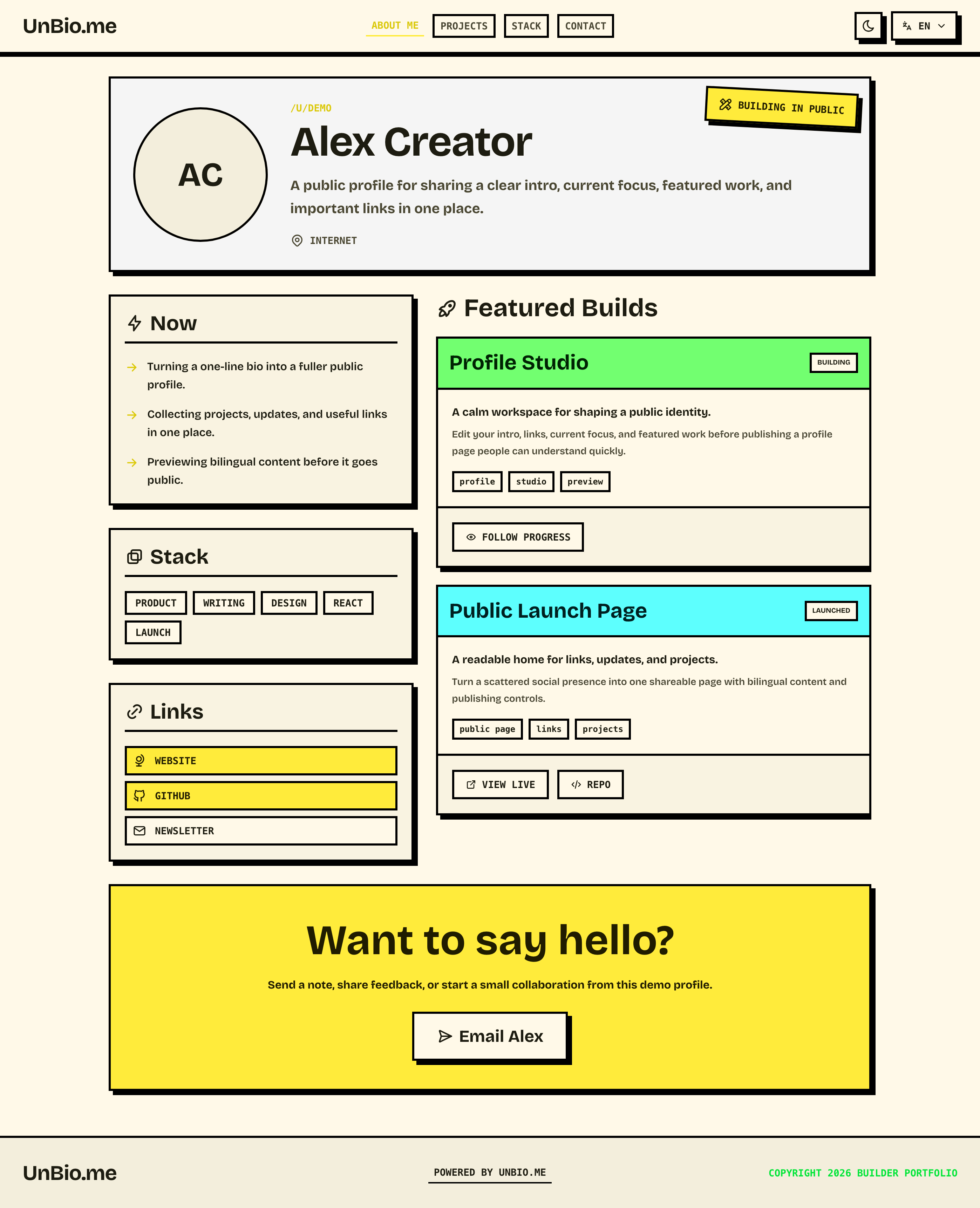UnBio.me public profile preview in light mode